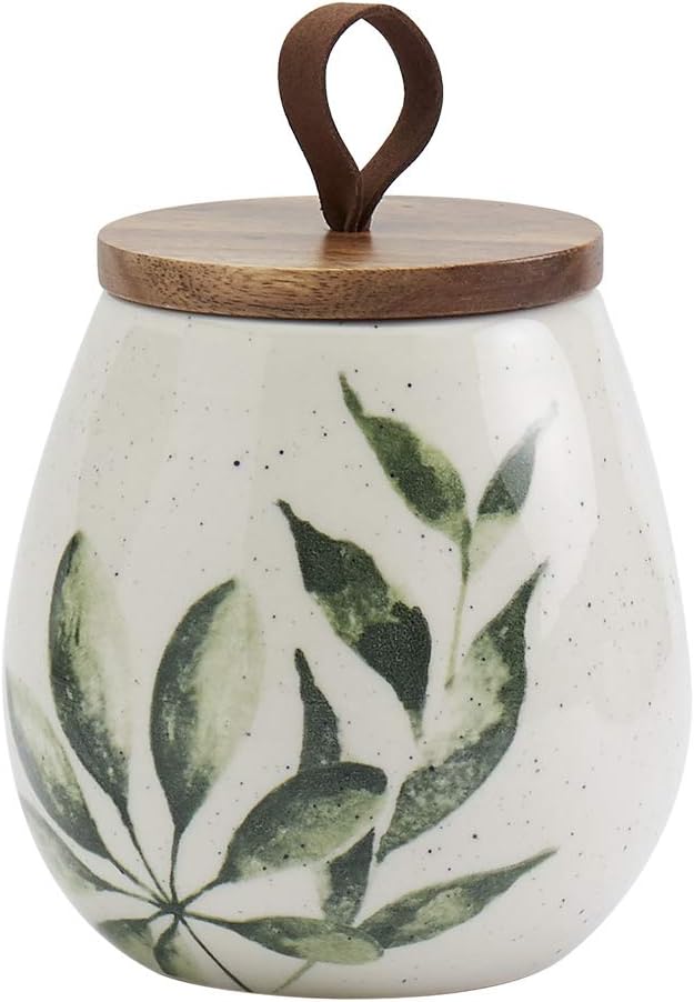 TTU Tabletops Gallery Ceramic Canister Collection- Stoneware Designed Kitchen Storage Acacia Wood White Set, 3 Piece Green Leaf Canister Set