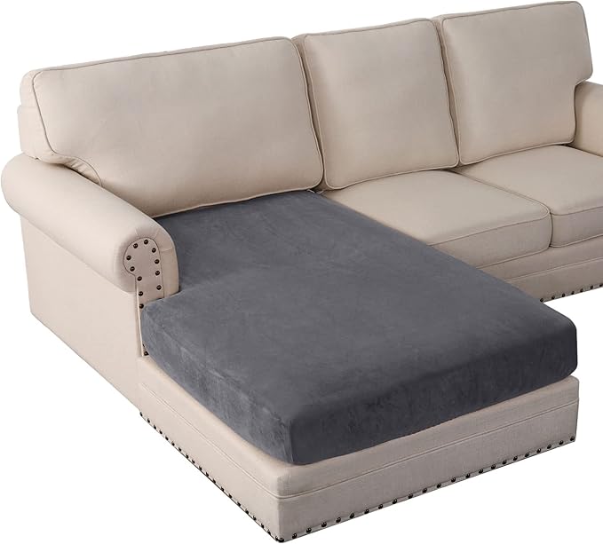 PrinceDeco Sectional Couch Covers Velvet Couch Cover for Dogs Washable L Shaped Couch Cover 1 Piece Individual Sectional Couch Covers with Elastic Bottom(Chaise Lounge,Grey)