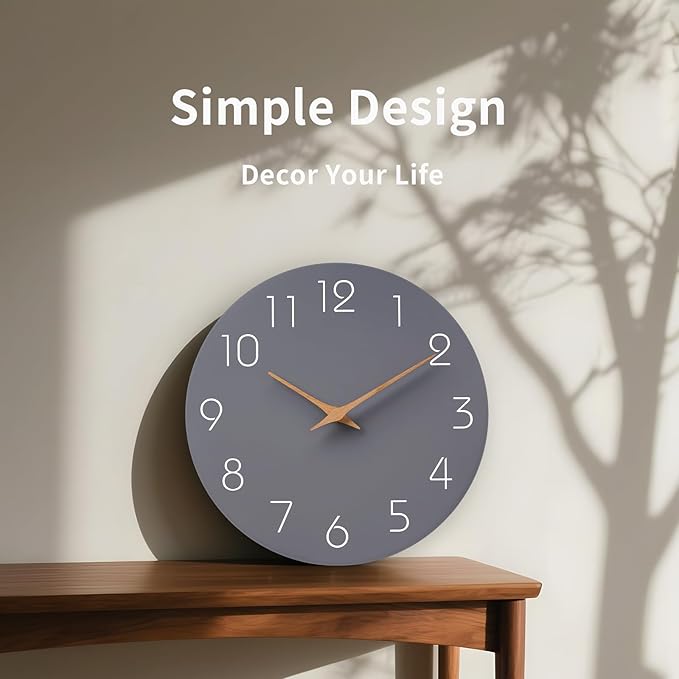 Mosewa Wall Clock 12 Inch Gray Silent Non Ticking Battery Operated Modern Simple Wooden Clock Decorative for Kitchen Home Bedroom Bathroom Office Living Room