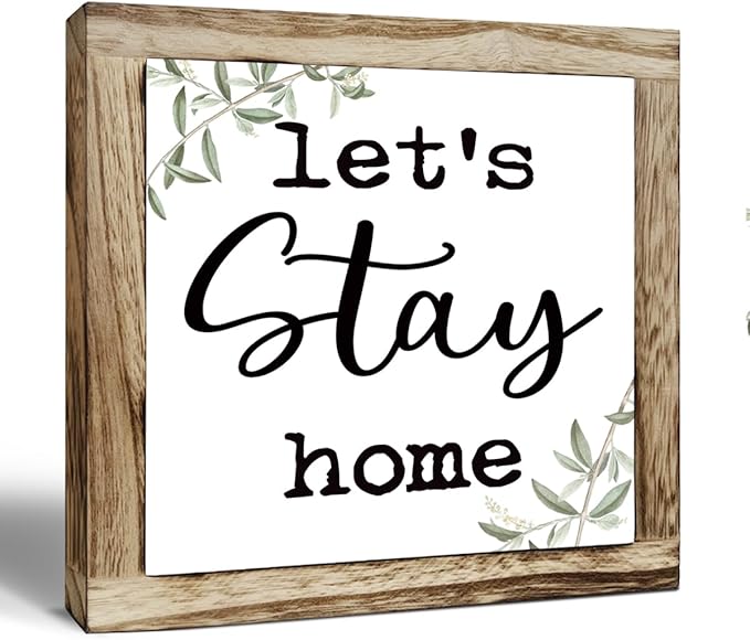 Rustic Wooden “Let’s Stay Home” Sign – Wooden Plaques Sign Table Decor, Shelf or Desk Decor, Farmhouse Living Room and Family Room Decoration, Cozy Home Accent and Housewarming Gift
