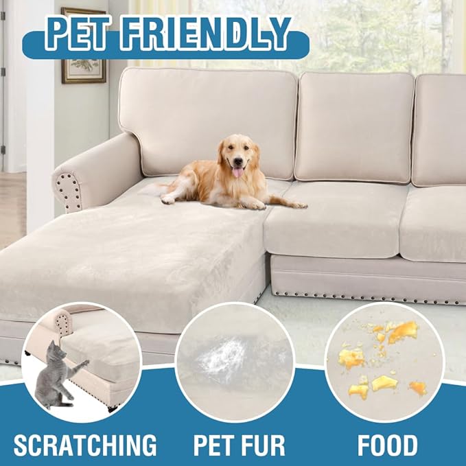 H.VERSAILTEX Velvet Stretch Sectional Couch Covers 3 Pieces Sofa Seat Cushion Covers L Shape Separate Couch Cover for Both Left/Right Sectional Couch (Large Sofa 2 Seater + 1 Chaise, Porcelain)