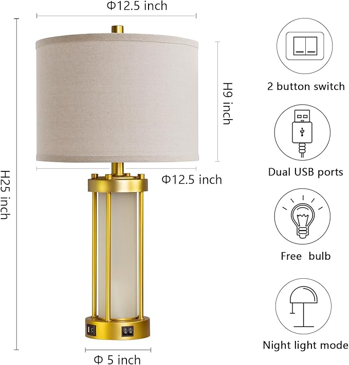 RORIA Modern Table Lamps for Living Room Set of 2, Farmhouse Bedroom Lamps for Nightstands with Dual USB Ports, Gold Bedside Lamps with White Frosted Glass Nightlight, 4 Bulbs Includes (Gold)