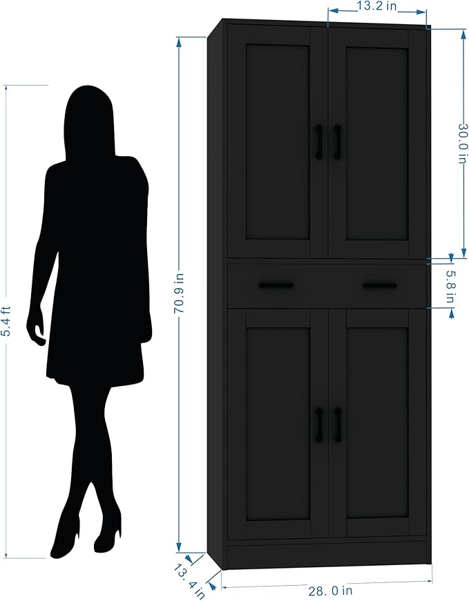 Black Kitchen Pantry, 71" Tall Storage Cabinet with Doors and Drawer for Kitchen, Hallway, Office