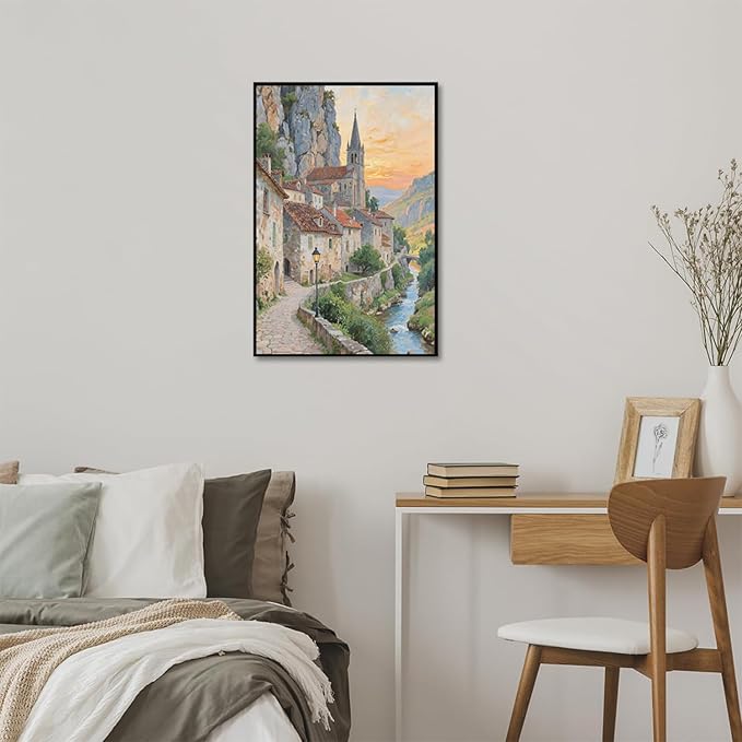 Small town scenery poster on the bank of the mountain stream is suitable for living room bedroom and office natural oil painting poster