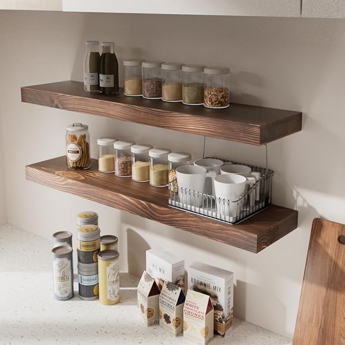 Habudda Floating Shelves Set of 2, Natural Pine Wood Shelf for Bathroom Bedroom Kitchen, 30 inch Long, Rustic Decor, Walnut