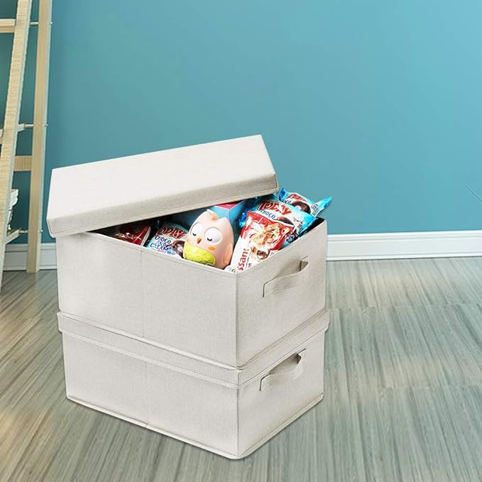 HOONEX Foldable Storage Bins with Lids, 2 Pack, Storage Boxes with Carrying Handles and Sturdy Heavy Cardboard, 16.5" L x 11.8" W x 7.5" H for Shoes, Books, Clothes, Linens, Beige