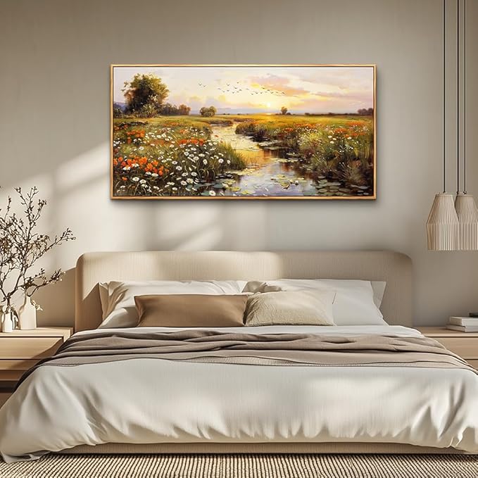 PHAOHUAXM Canvas Wall Art For Living Room Wall Decor For Bedroom Watercolour Painting Office Decoration Countryside Sunrise Scenery Wall Picture Printing Artwork Home Decor Wood Framed 24x48 In