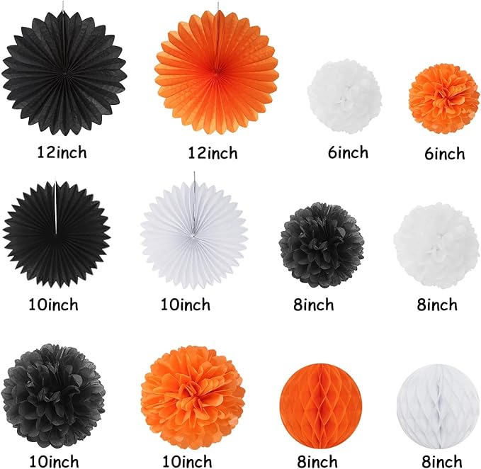 Orange Black Happy-Halloween Party Decorations - 13PCS Spider Web Bats Streamers Banner ,Paper Flowers Lanterns Tissue Pom Poms Fans, Classroom Birthday Bachelorette Hanging Supplies Decor Hugfond