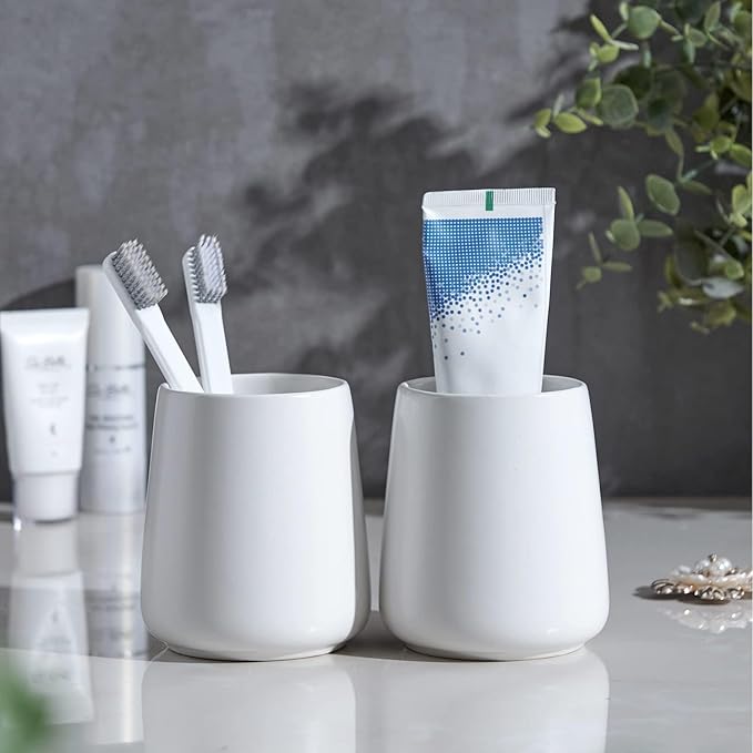 White Toothbrush Holder for Bathroom - Ceramic Tooth Brushing Holders, Toothbrush Cup & Toothpaste Organizer for Bathroom Countertop, Makeup Brush Holder, Pen Holder for Home Desktop Storage