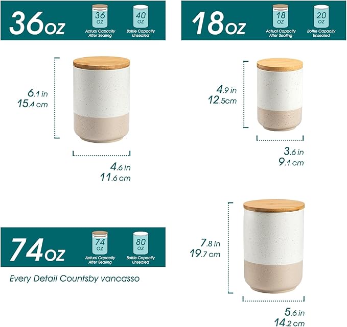 vancasso Sabine Ceramic Canister Set with Airtight Wood Lids - 3-Piece Kitchen Storage for Flour, Sugar, Coffee, Tea & Spices - Modern Countertop Decor