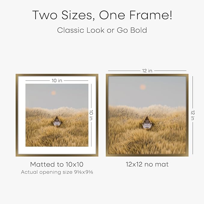 Homeforia 12x12 Picture Frame Bronze, High End Metal 12 x 12 Square Poster Frame with Mat 10 x 10 Photo, 12x12 Brass Frame Matted to 10x10 Print, 12by12 Thin Frames, Tempered Glass, Wall Kit, Set of 1