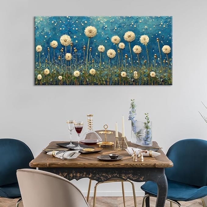 LASMOND Teal Dandelion Wall Art for Living Room Abstract Blowball Canvas Painting Prints Large Flower Floral Grassland Bedroom Decoration Modern Artwork Decor (46x23 Inches)