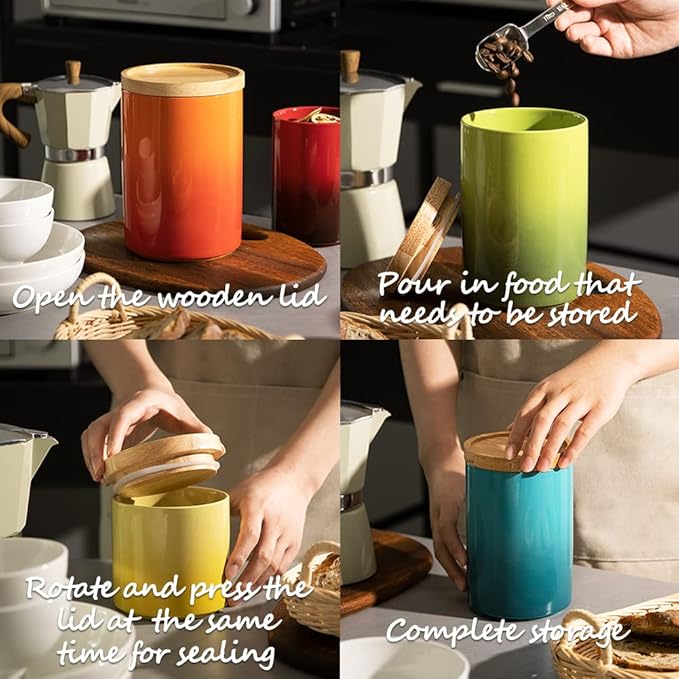 Sweejar Ceramic Food Storage Jar, Stackable Kitchen Canisters, Containers with Airtight Seal Wooden Lid for Serving Ground Coffee, Tea, Sugar, Salt and More - 16 Fl Oz (Gradient Purple)