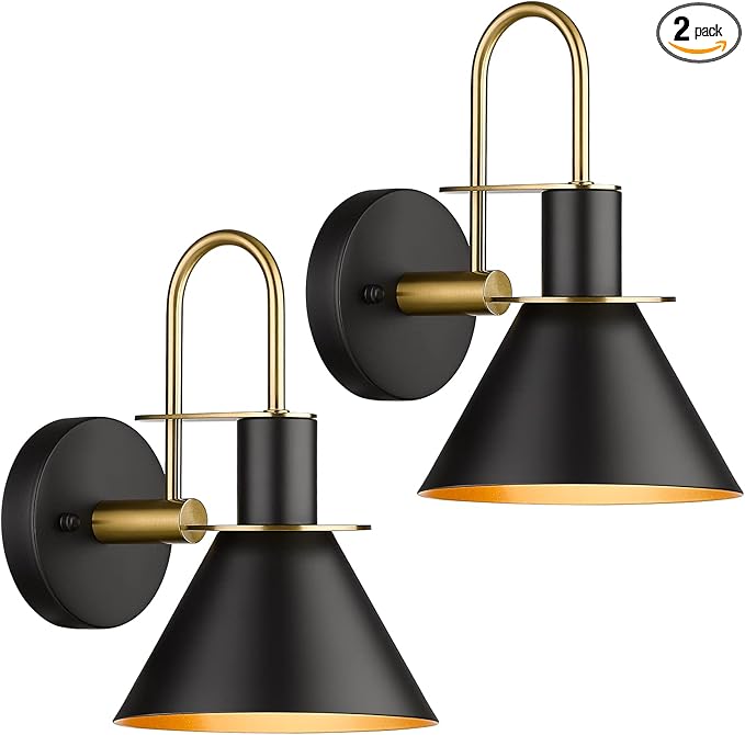 Wall Sconces Set of Two, HWH Modern Sconce Wall Lighting, 1-Light Gooseneck Barn Vanity Light, Industrial Wall Lamp for Bedroom Kitchen Bathroom, Black and Gold Finish, 5HZG56B-2L BK+BG
