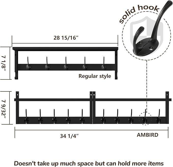 AMBIRD 34.2" Extra Long Wooden Wall Hook Rack with Shelf - Versatile and Decorative Wall-Mounted Storage with 10 Hooks for Coats, Hats, Keys, Scarves - Ideal for Entryways, Bedrooms, Closets (Black)