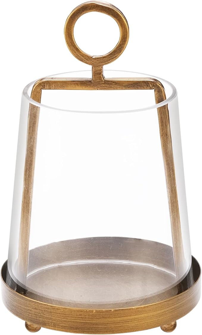 6" Wide Modern Farmhouse Metal Hurricane Candle Holder with Handmade Sturdy Glass Sleeve in Antique Brass for Pillar Candle & Plants, Hurricane Lantern, Industrial, Minimalistic (1, Brass, 6"x10")