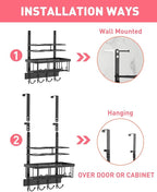 REFLYING Over-the-Door Hairdryer and Styling Tool Organizer, Metal, Black, 3 Compartments, 8 Hooks, 15"H x 10"W x 4.7"D