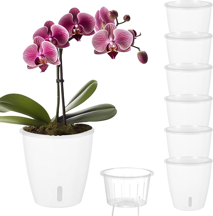 Self Watering Pots for Indoor Plants, 6-Pack 5'' Self Watering Planter with Drainage Holes, Small African Violet Pots with Water Indicator, Clear Wick Orchid Pot, White