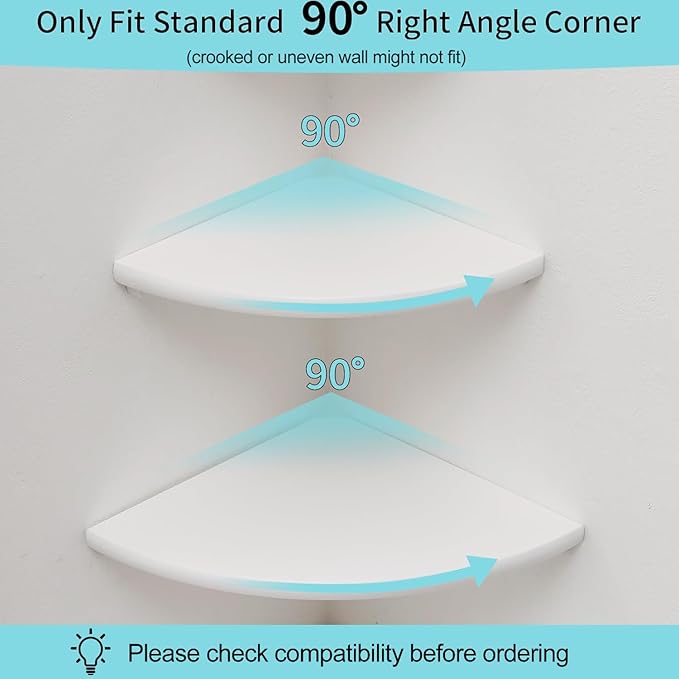 Corner Shelves, White Floating Corner Shelf, Set of 2 12inch Solid Oak Wood Wall Shelves, Round End Wall Mount with Wire Hole for Small Plant for Bedroom Kitchen, Living Room