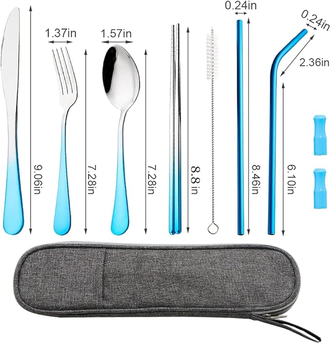 Travel Utensils Set with Case Reusable Portable Cutlery Set Stainless Steel 8pcs Including Dinner Knife Fork Spoon Chopsticks straws(Gradient Blue)