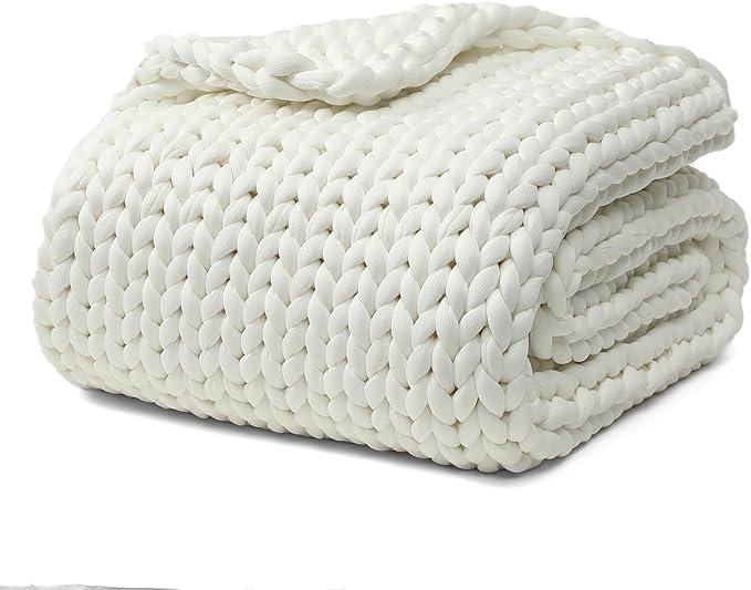 YnM Cooling Chunky Throw Blanket, Medium-Weight, Hand Knitted, Skin Friendly, Ventilated and Breathable, Machine Washable, Home Décor Piece for Couch, Sofa and Bed (White, 60x80 Inch)