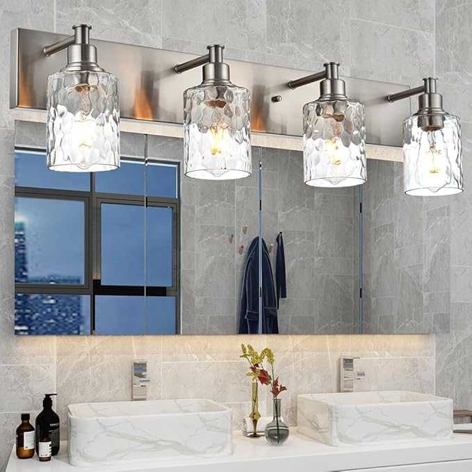 BONLICHT 4-Light Bathroom Vanity Light Fixture Brushed Nickel Industrial Wall Sconce Lighting with Hammered Glass Shade for Living Room Bedroom Hallway Porch Workshop Dressing Table