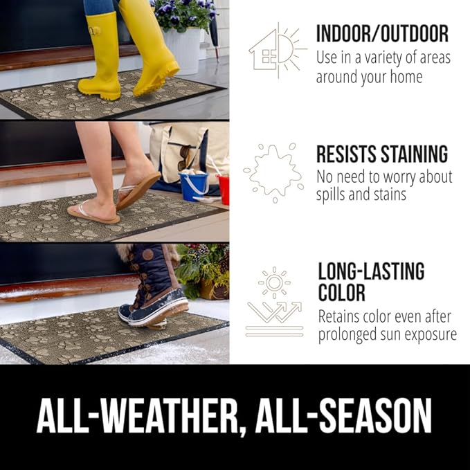 GORILLA GRIP 100% Waterproof All-Season WeatherMax Doormat, 47x35, US Designed Natural Rubber, Stain and Fade Resistant, Low Profile Indoor Outdoor Door Mats, Easy Clean Patio Mat, Tan Pawprints