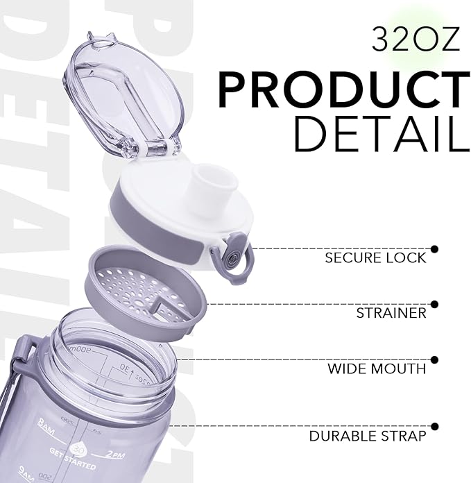 32oz Motivational Water Bottles with Time Marker & Fruit Strainer, Transparent Gradient Color Water Bottle with Times to Drink, Leakproof & BPA Free, Reusable Bottle with Strap (No Straw)