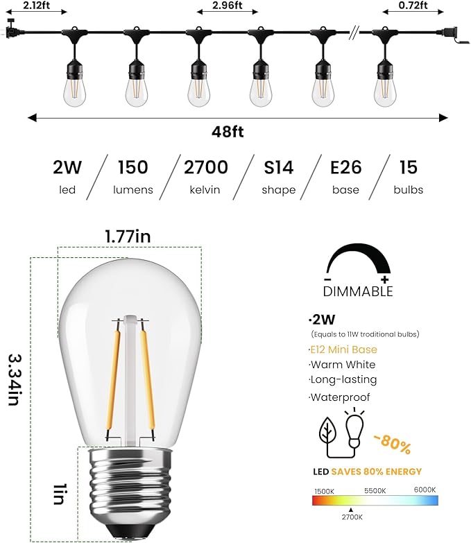 Svater 48 FT Outdoor String Lights 2W, Commercial Grade Patio Light with 15 pc Edison Shatterproof Bulbs, IP65 Waterproof LED Hanging Lighting for Bistro Cafe Market Outside Backyard, Warm White 2700K