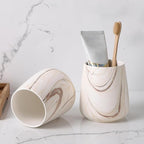 2Pcs Toothbrush Holder for Bathroom - Marble Brown Ceramic Tooth Brushing Holders Set, Toothbrush Cup & Toothpaste Organizer for Bathroom Countertop, Makeup Brush Holder, Pen Holder for Home Storage