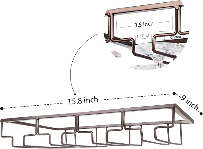 Wine Glass Rack Under Cabinet - Stemware Holder Metal Wine Glass Organizer Glasses Storage Hanger for Bar Kitchen Brown 4 Rows