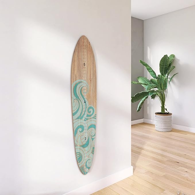 Wooden Surfboard Wall Decor Growth Chart - Surf Board Decor for Kids Room, Wooden Growth Chart for Wall, Surfboard Wall Art, Surfboards for Decoration - Teal Wave (9.5"x 45")