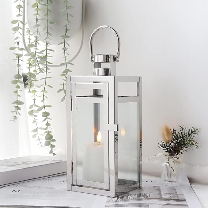 TRIROCKS Stainless Steel Decorative Lantern 12'' High Metal Hanging Lantern with Clear Glass Panels Perfect for Home Decor Living Room Parties Events Tabletop Indoors Outdoors (Silver)