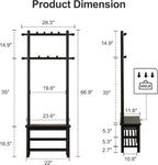 Coat Rack with Shoe Storage, Narrow Wooden Hall Tree with Bench, 11 Hooks and 2-Tier Storage Shelves, 3-in-1, Entryway Bench with Coat Rack (23.6"-Black)