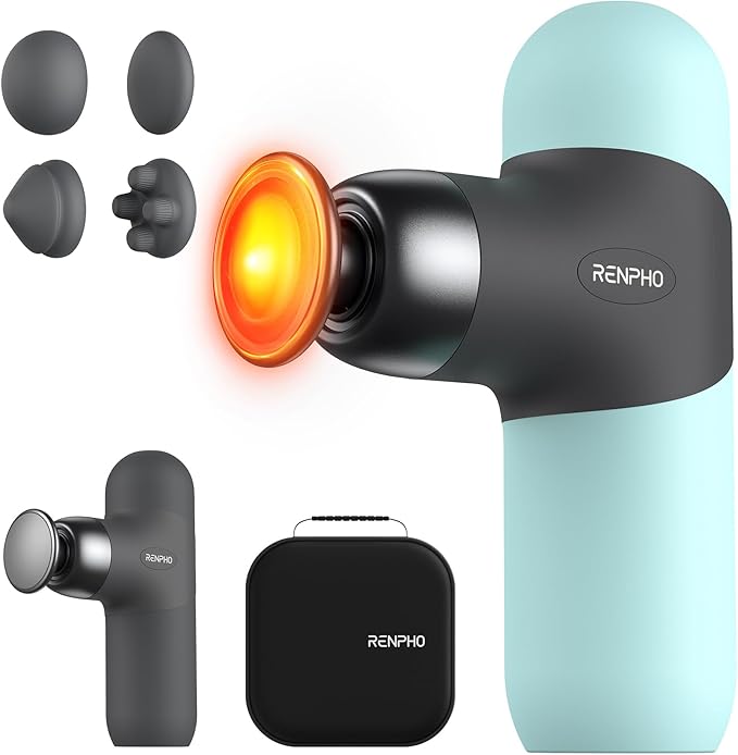 RENPHO Mini Thermal Massage Gun with Heat, Portable Deep Tissue Percussion Massager, Color Silicone Sleeves Travel Size with Carry Case, Mint
