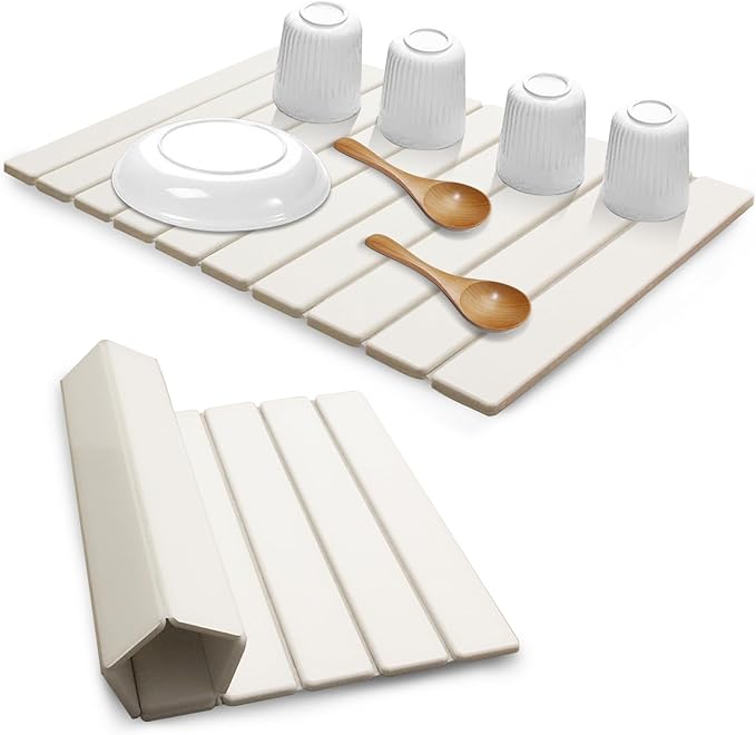 Large Stone Dish Drying Mats for Kitchen Counter, Quick Dry Absorbent Collapsible Dish Drying Mat,Diatomaceous Earth Mats for Dishes Bottles Cups,Match Any Countertop,White 24 * 16inch