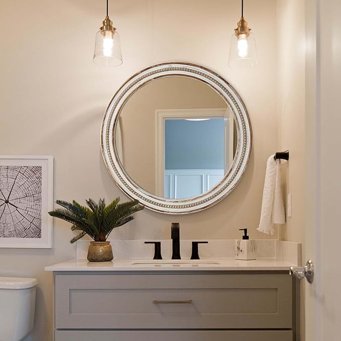 24 Inch Round Mirror - Distressed Vintage Farmhouse Mirror for Bathroom Wall, Living Room, Bedroom & Entryway, Handmade Wood Frame