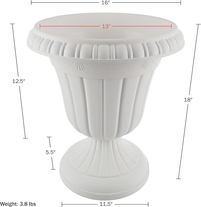 Pure Garden Outdoor Planter 2-Pack - 16x18-Inch Urn Planters - Plastic Plant Pots for Indoor, Outdoor, or Front Porch Decor - Flower Pots (White)