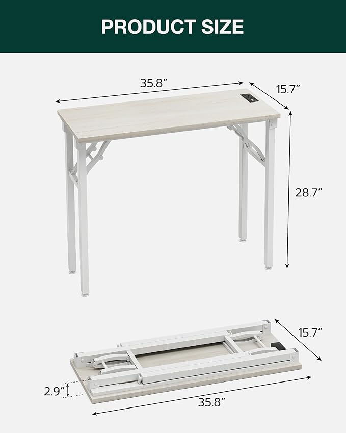 Frylr Small Folding Computer Desk – 35.8 Inch Portable Table for Craft and Study, Lightweight Desk for Small Spaces, Foldable Laptop Table Built-in AC/USB Outlets for Convenience, White Ash