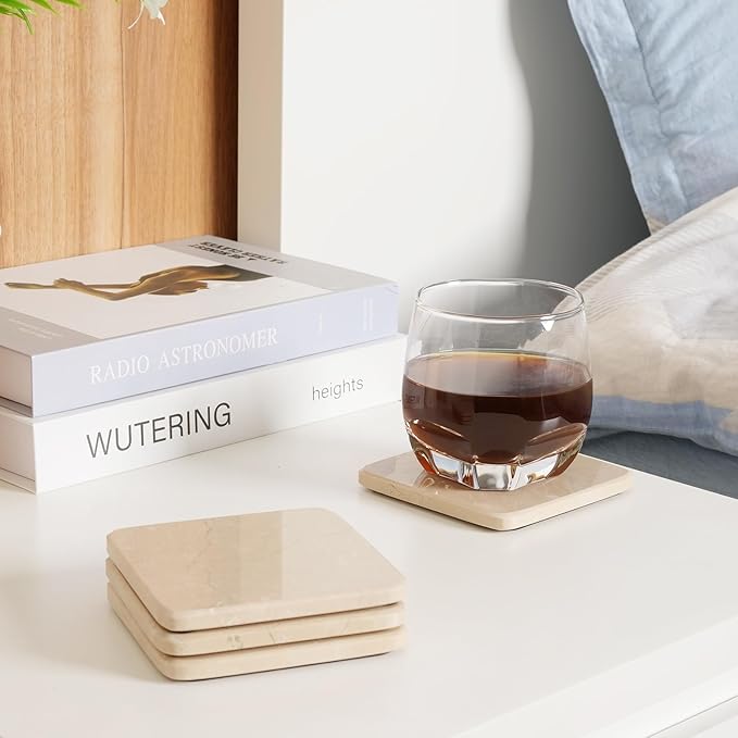 BCS Marble Coasters Set of 5 with Holder, Square Stone Drink Coasters for Coffee, Wine and Cocktails, Non-Slip Durable Cup Mats, Elegant Home, Bar & Kitchen Table Decor (Crema Beige)