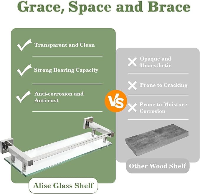Alise Bathroom Shelves, Polished Chrome Glass Shelf for Bathroom, Modern Floating Shelves, 20 inch