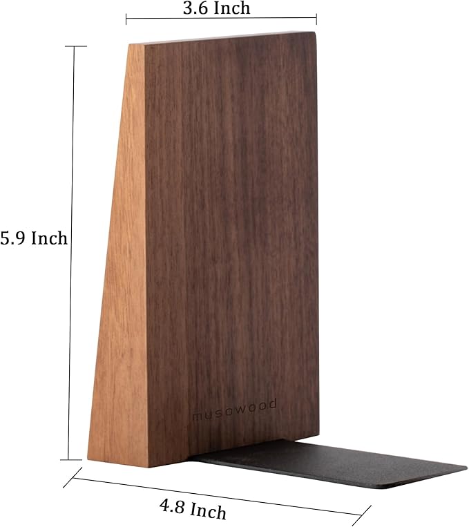 Muso Wood Thickened Wooden Bookends for Heavy Books, Creative Decorative Non-Skid Handmade Walnut Wood Ends for Shelves