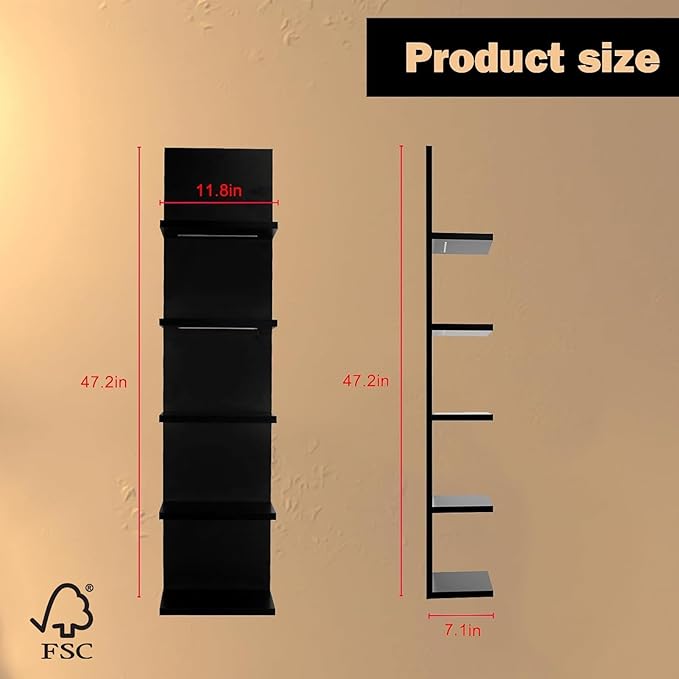 5 Tier Wall Shelf Unit, Black Modern Vertical Lack Wall Shelves with Light, Wall Mount, Floating Column Home Decor Shelves for Bedroom, Living Room, Vanity Storage Display