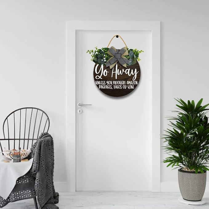 Go Away Hanging Wall Sign for Front Door Home Kitchen Decor Rustic Wooden Round Sign Wall Decoration for Kitchen Dining Room Living Room Bedroom Outdoor