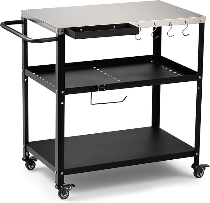 Outdoor Grill Cart Table,Indoor and Outdoor Pizza Oven Table,with 4 Movable Total Lock Casters, Hooks, Side Handle Multifunctional (Stainless Steel Table)