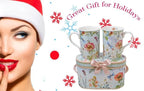 Lightahead Elegant Bone China Two Coffee Mugs Set in Floral Design 10.8 oz Each Cup in Attractive Gift Box