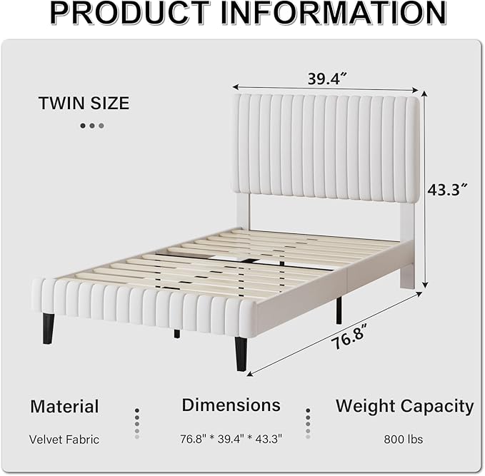 Twin Bed Frame, Velvet Upholstered Platform Bed with Vertical Channel Tufted Headboard and Footboard, No Box Spring Required, Easy Assembly, White