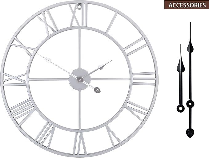 LEIKE 16" Modern Large Wall Clocks,Vintage, Round,Silent Non Ticking,Battery Operated,Silver Metal Roman Numerals Clock for Living Room/Bedroom/Kitchen Decor