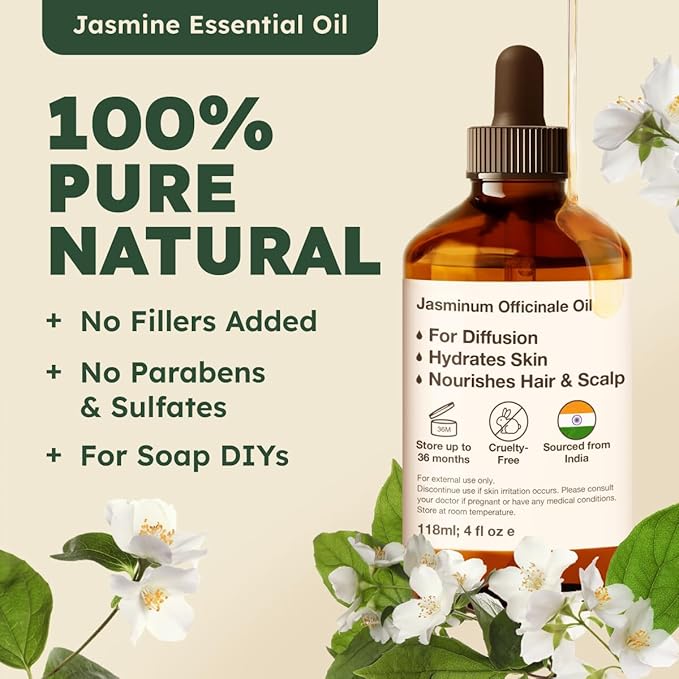Kukka Jasmine Essential Oil for Diffuser - 4 Fl Oz - 100% Pure Natural Jasmine Oil for Skin, Hair & Soap Making Scents - A Great Relaxing Floral Addition for Hair Care & Perfume