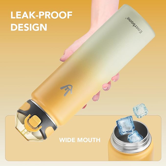 Enerbone 32 oz Insulated Water Bottle, Stainless Steel Bottle with Carrying Strap, Double-Wall Vacuum Insulation Design, Leakproof Sports Bottle with Straw, Keep Drinks Cold or Hot for Hours
